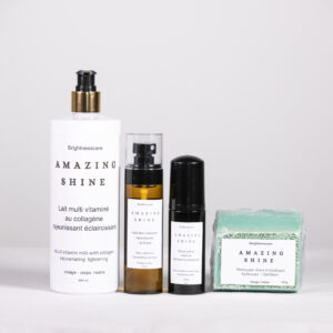 AMAZINE SHINE Lait Multi vitaminé au collagène Rajeunissant éclaircissant. Amazing Shine Huile Multi Vitalisée Rajeunissante Clarifiant. Amazing Shine Sérum crème vitaminé Hydratant & revitalisant. Amazinf Shine Netooyant Doux Récitalisant Hydatant Clarifiant